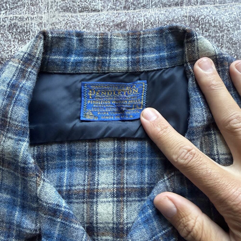 Men's Vintage 70's Pendleton USA Blue Plaid Loop Collar Flannel Board Shirt Sz L - Picture 3 of 6